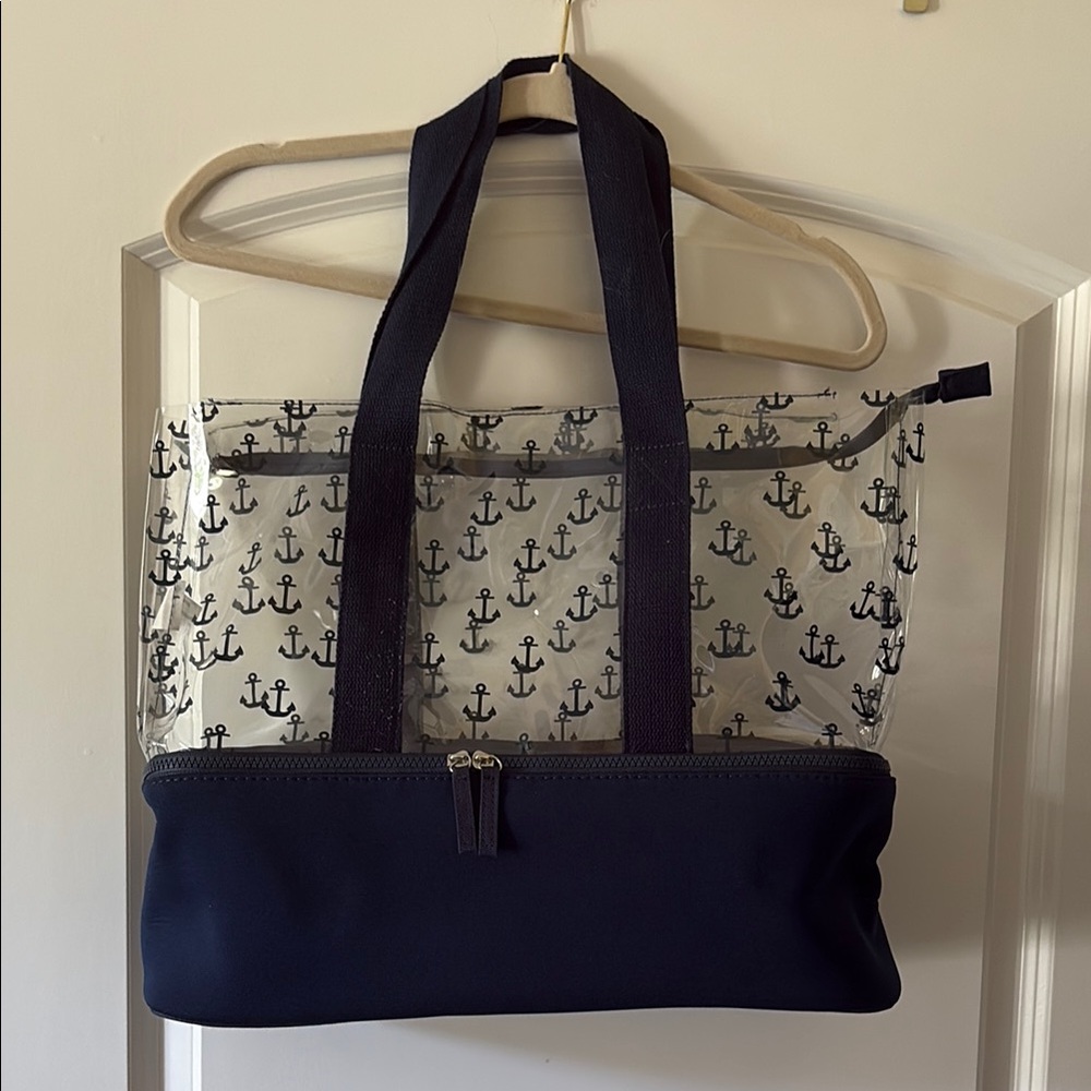 Navy Anchor Print Tote Bag with Cooler Compartment